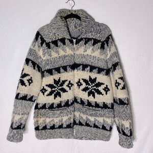 Vintage Handmade Hand Knit Zip Front Shawl Collar Cardigan Cowichan Sweater S